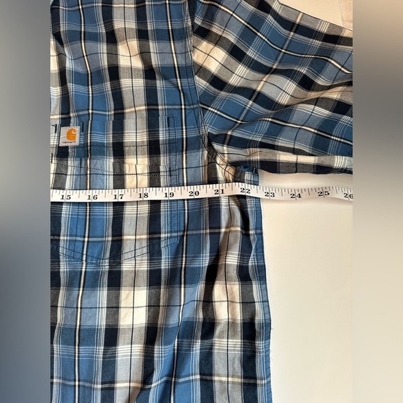 Carhartt Men’s Medium Blue Plaid Short Sleeve Button Up Shirt Cotton Pocket Work - Picture 6 of 8